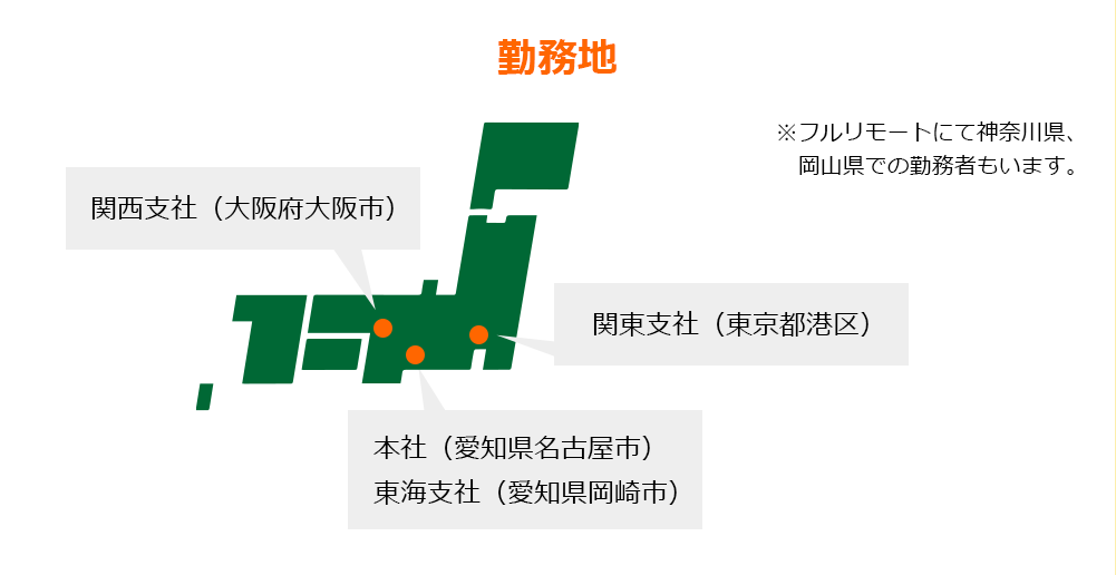 勤務地は本社の場合は愛知県名古屋市、関東支社の場合は東京都港区、東海支社の場合は愛知県岡崎市、関西支社の場合は大阪府大阪市になります。